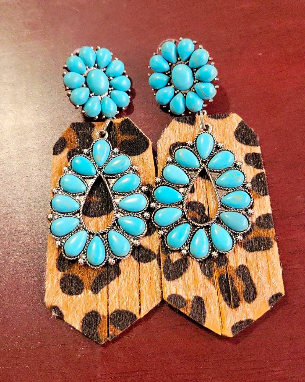 Western Cowgirl Leopard Print Earrings Turquoise Style Floral Dangle Statement